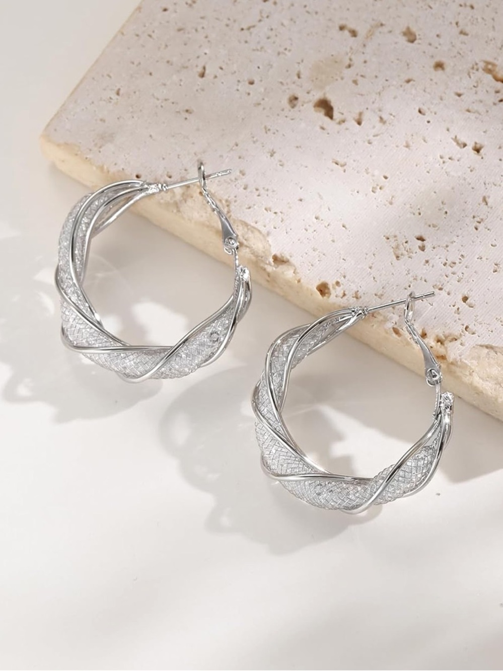 Anthropologie Silver Twisted Mesh Hoop Earrings - Picture 3 of 5
